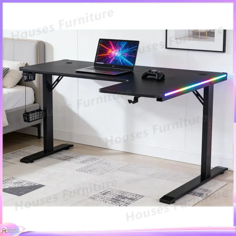 Desk Setup L Shaped - 大型160cmゲーミングデスク LEDライト付き 人間工学に基づいたeスポーツPCセットアップ ホームオフィスワークステーション 調節可能