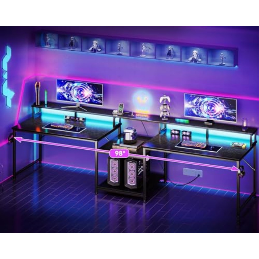 2人用ゲーミングデスク、長さ98インチ、LEDライト付き、人 - Desk Setup L Shaped のレビューと価格