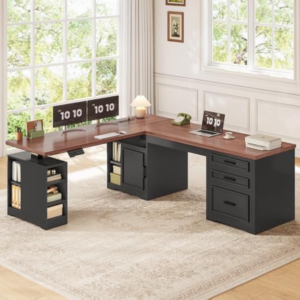 LED制御機能付き、L字型で高さ調節可能な電動デスク。67イ - Desk Setup L Shaped のレビューと価格
