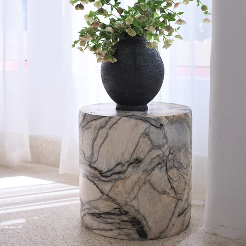 黒白サイドテーブル円筒形模造大理石植木鉢スタンド芸術的なコー - Desk Setup Minimalist のレビューと価格