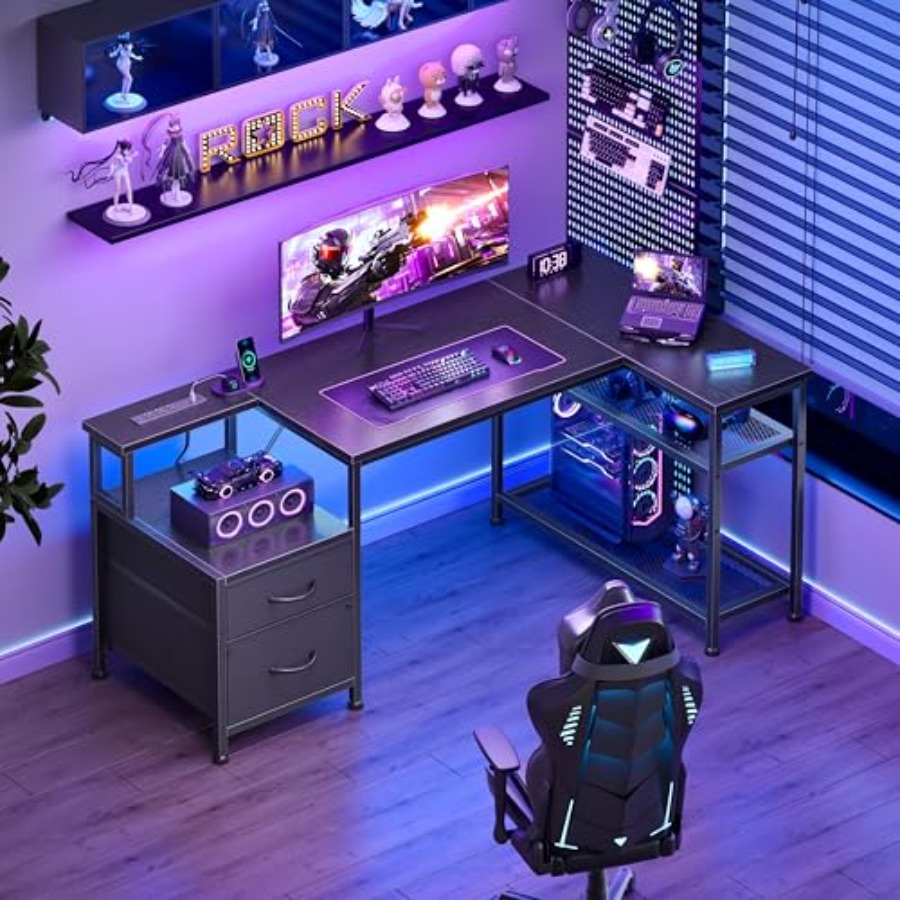 49インチのL字型ゲーミングデスク。電源コンセント付き。ブラ - Desk Setup L Shaped のレビューと価格