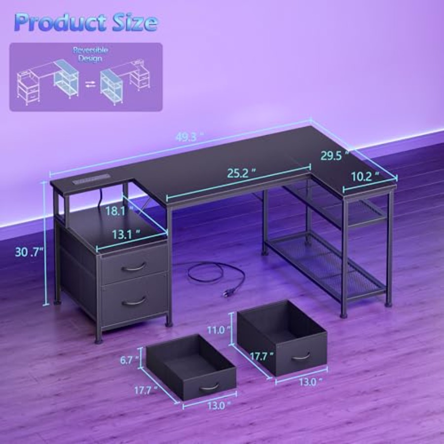 49インチのL字型ゲーミングデスク。電源コンセント付き。ブラ - Desk Setup L Shaped のレビューと価格