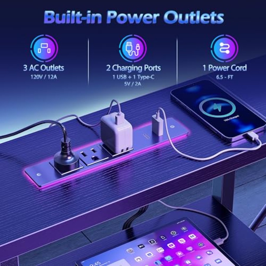 49インチのL字型ゲーミングデスク。電源コンセント付き。ブラ - Desk Setup L Shaped のレビューと価格